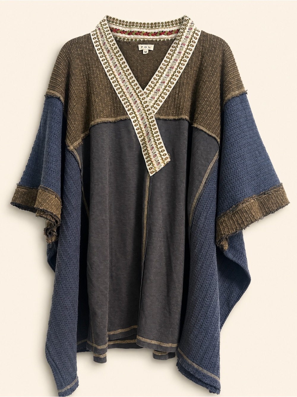 POL Bohemian Patchwork Poncho Top Oversized Embroidered Knit Size M